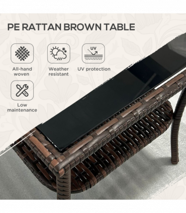 Outsunny PE Rattan Coffee Table, Two-tier Side Table with Glass Top, Brown
