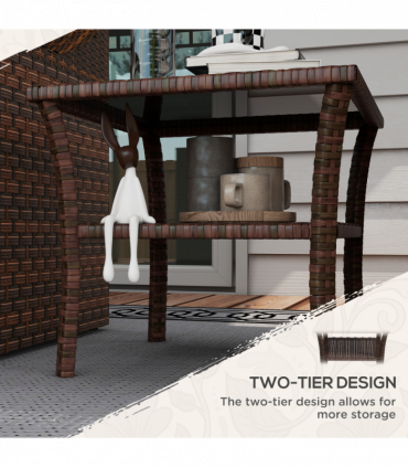 Outsunny PE Rattan Coffee Table, Two-tier Side Table with Glass Top, Brown