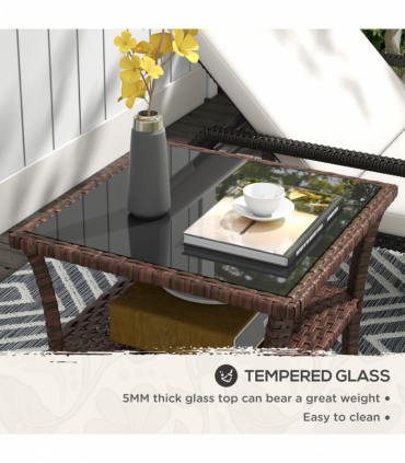 Outsunny PE Rattan Coffee Table, Two-tier Side Table with Glass Top, Brown