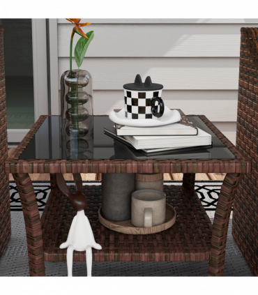Outsunny PE Rattan Coffee Table, Two-tier Side Table with Glass Top, Brown