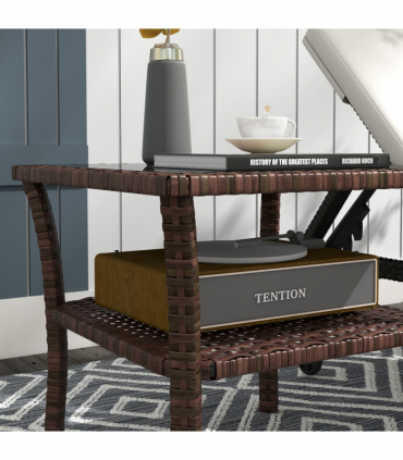 Outsunny PE Rattan Coffee Table, Two-tier Side Table with Glass Top, Brown