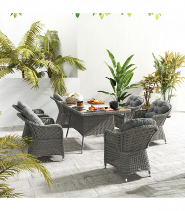 Outsunny PE Rattan Garden Dining Set for 6 with Seat and Back Cushions