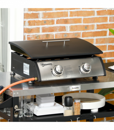 Outsunny Portable Gas Plancha BBQ Grill with 2 Stainless Steel Burner, 10kW