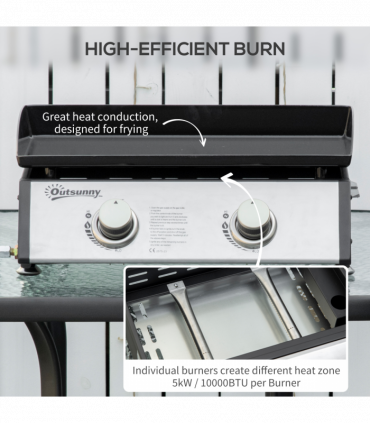 Outsunny Portable Gas Plancha BBQ Grill with 2 Stainless Steel Burner, 10kW