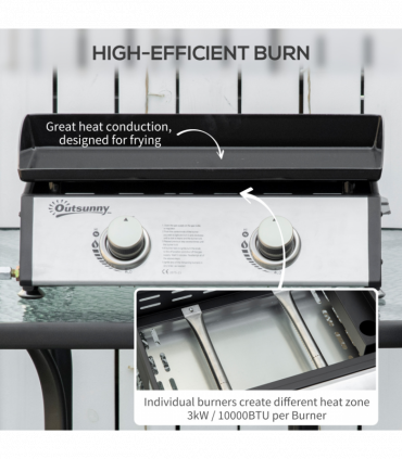 Outsunny Portable Gas Plancha BBQ Grill with 2 Stainless Steel Burner, 6kW