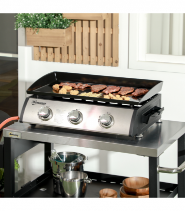 Outsunny Portable Gas Plancha BBQ Grill with 3 Burners, Non-Stick Griddle, Lid