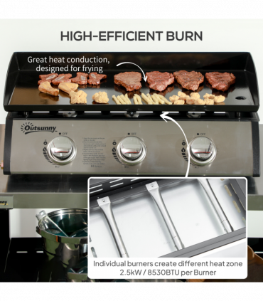 Outsunny Portable Gas Plancha BBQ Grill with 3 Burners, Non-Stick Griddle, Lid