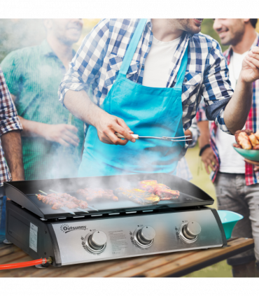 Outsunny Portable Gas Plancha BBQ Grill with 3 Stainless Steel Burner, 9kW