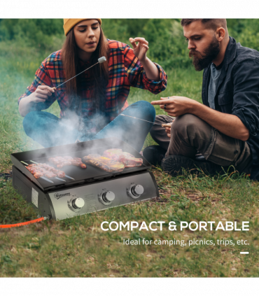 Outsunny Portable Gas Plancha BBQ Grill with 3 Stainless Steel Burner, 9kW