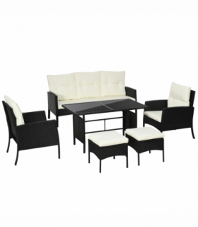 Outsunny Rattan Garden Furniture Sofa Set, 2 Armchairs 2 Footstools Table White