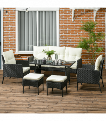 Outsunny Rattan Garden Furniture Sofa Set, 2 Armchairs 2 Footstools Table White