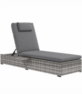 Outsunny Rattan Lounger with Cushion, 5-Level Reclining Rattan Sun Lounger, Grey