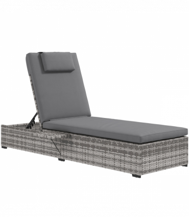 Outsunny Rattan Lounger with Cushion, 5-Level Reclining Rattan Sun Lounger, Grey