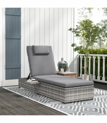 Outsunny Rattan Lounger with Cushion, 5-Level Reclining Rattan Sun Lounger, Grey