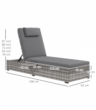 Outsunny Rattan Lounger with Cushion, 5-Level Reclining Rattan Sun Lounger, Grey