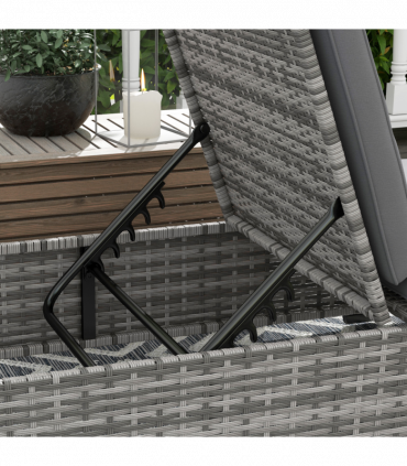Outsunny Rattan Lounger with Cushion, 5-Level Reclining Rattan Sun Lounger, Grey