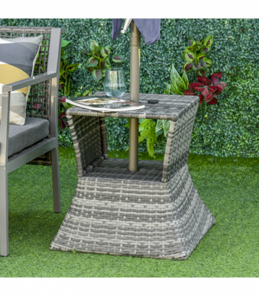 Outsunny Rattan Wicker Tea Coffee Table w/ Umbrella Hole and Storage Space Grey