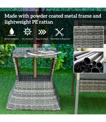 Outsunny Rattan Wicker Tea Coffee Table w/ Umbrella Hole and Storage Space Grey
