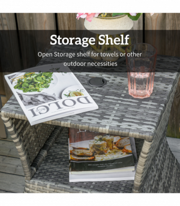 Outsunny Rattan Wicker Tea Coffee Table w/ Umbrella Hole and Storage Space Grey