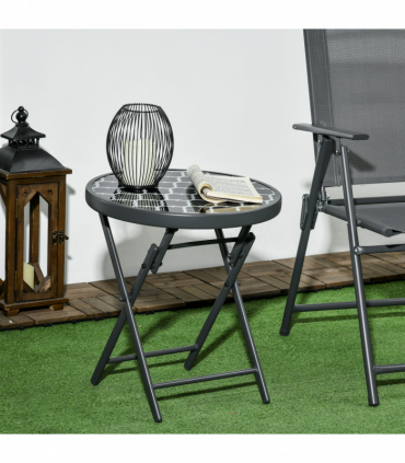 Outsunny Round Folding Side Table w/ Imitation Marble Glass Top, Black & White
