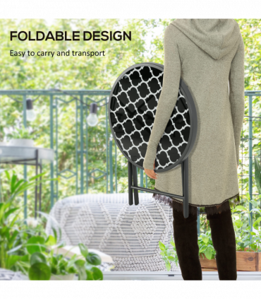 Outsunny Round Folding Side Table w/ Imitation Marble Glass Top, Black & White