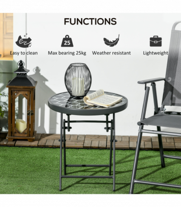 Outsunny Round Folding Side Table w/ Imitation Marble Glass Top, Black & White