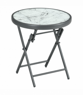 Outsunny Round Folding Side Table w/ Imitation Marble Glass Top, White