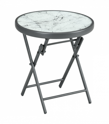 Outsunny Round Folding Side Table w/ Imitation Marble Glass Top, White