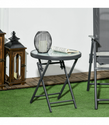 Outsunny Round Folding Side Table w/ Imitation Marble Glass Top, White