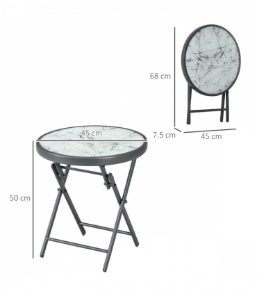 Outsunny Round Folding Side Table w/ Imitation Marble Glass Top, White