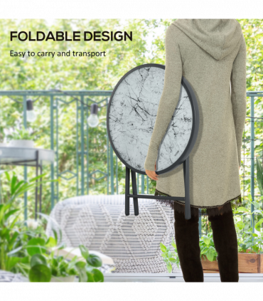 Outsunny Round Folding Side Table w/ Imitation Marble Glass Top, White