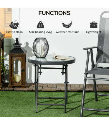 Outsunny Round Folding Side Table w/ Imitation Marble Glass Top, White