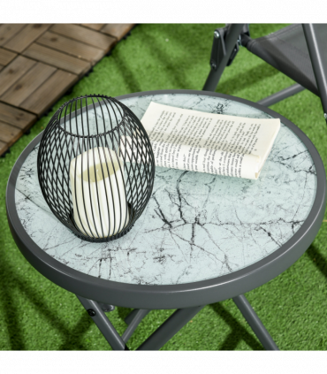 Outsunny Round Folding Side Table w/ Imitation Marble Glass Top, White