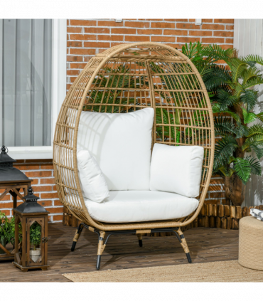Outsunny Round PE Rattan Outdoor Egg Chair w/ Padded Cushions for Garden, Khaki