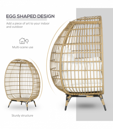 Outsunny Round PE Rattan Outdoor Egg Chair w/ Padded Cushions for Garden, Khaki