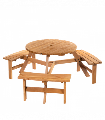 Outsunny Round Table W/3 Attached Benches-Fir Wood