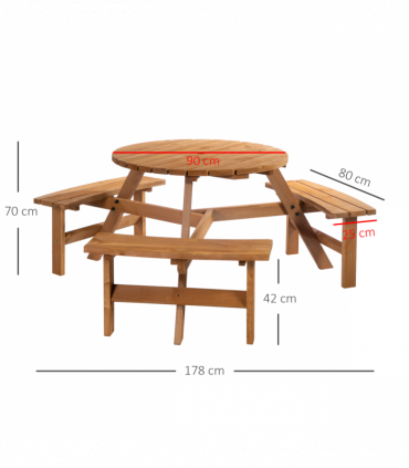 Outsunny Round Table W/3 Attached Benches-Fir Wood