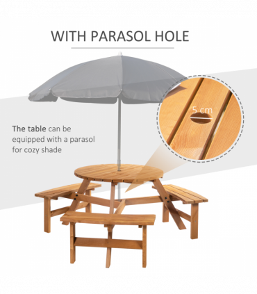 Outsunny Round Table W/3 Attached Benches-Fir Wood