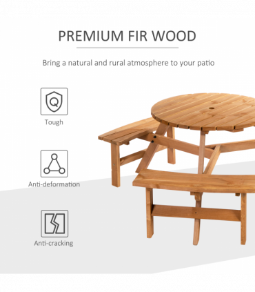 Outsunny Round Table W/3 Attached Benches-Fir Wood