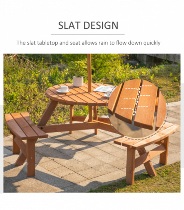 Outsunny Round Table W/3 Attached Benches-Fir Wood
