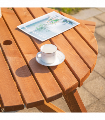 Outsunny Round Table W/3 Attached Benches-Fir Wood