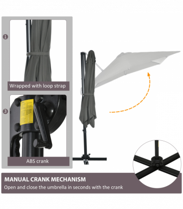 Outsunny Square Cantilever Roma Parasol 360� Rotation w/ Hand Crank, Grey