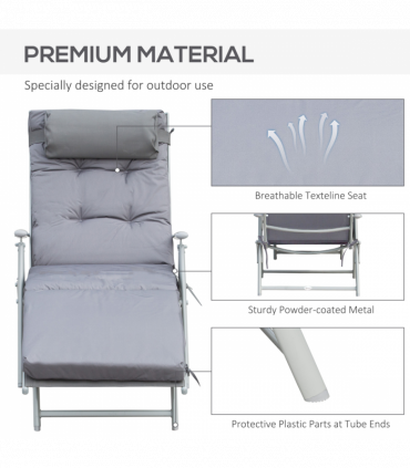 Outsunny Steel Frame Outdoor Garden Padded Sun Lounger w/ Pillow Grey