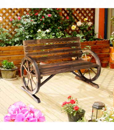 Outsunny Wagon Wheel Wooden Bench-Brown