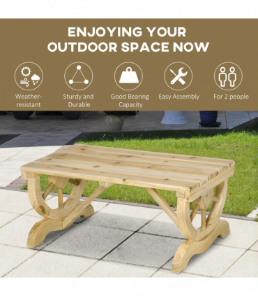 Outsunny Wooden Wheel Bench Rustic Outdoor Patio Garden Seat 2-Person Natural
