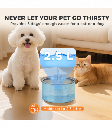 PawHut 2.5L Cat Water Fountain for Drinking Stainless Steel Ultra-Silent
