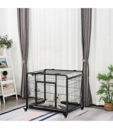 PawHut 69.5x94cm Metal Dog Cage Kennel w/ Locking Door & Wheels Medium Pets