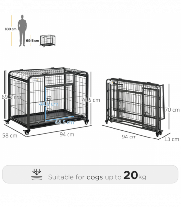 PawHut 69.5x94cm Metal Dog Cage Kennel w/ Locking Door & Wheels Medium Pets