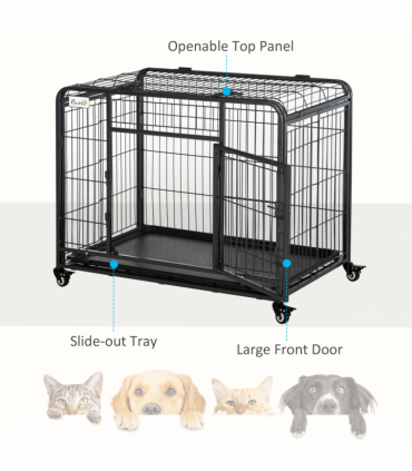 PawHut 69.5x94cm Metal Dog Cage Kennel w/ Locking Door & Wheels Medium Pets