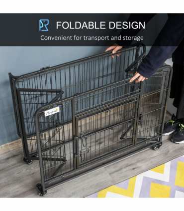 PawHut 69.5x94cm Metal Dog Cage Kennel w/ Locking Door & Wheels Medium Pets